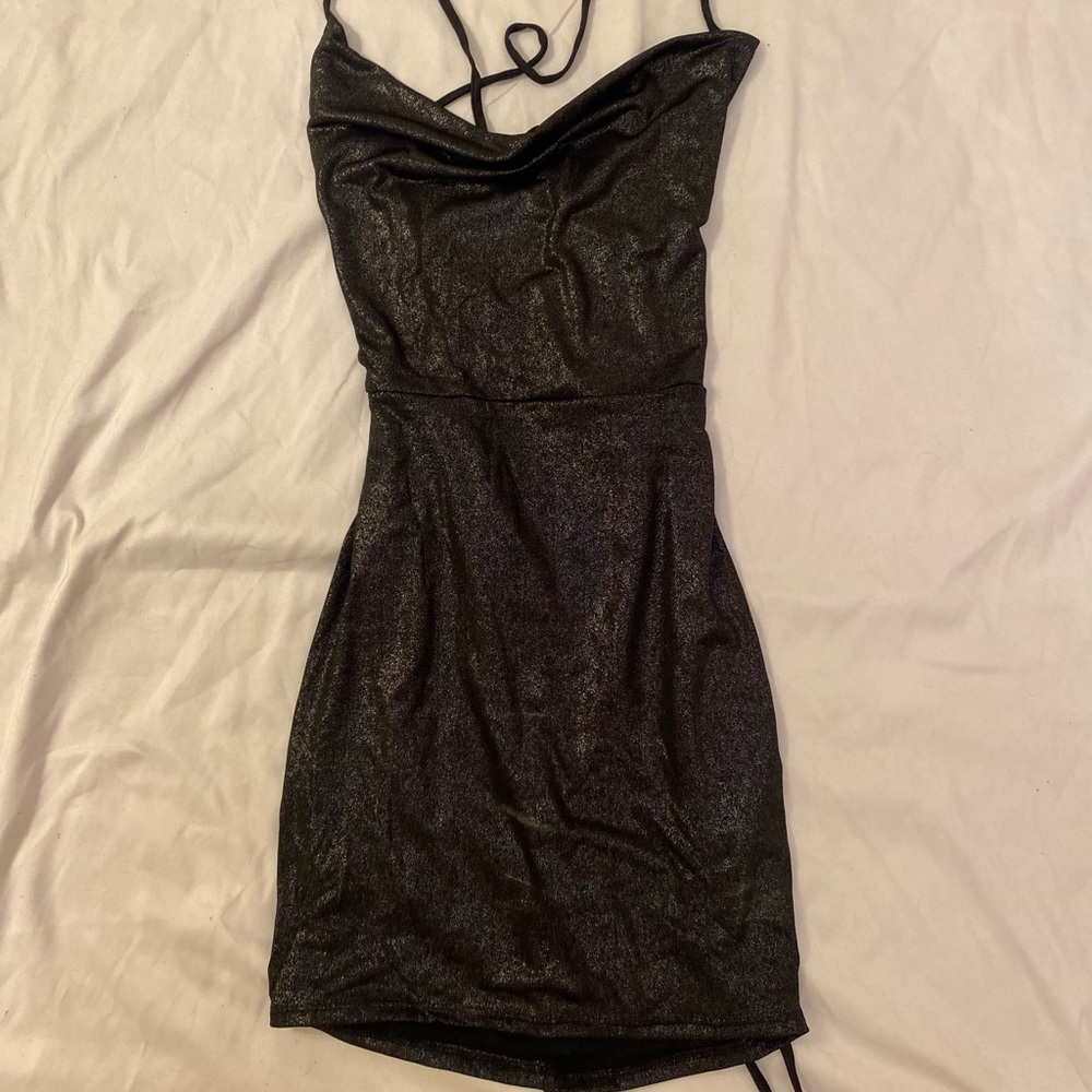 Shimmery black mini cowl neck dress